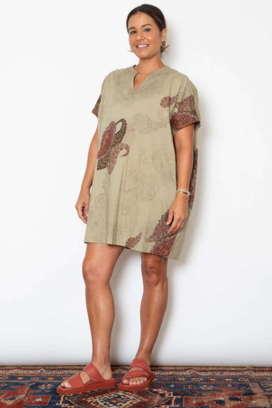 SBJ Austin Mary Mini Dress Paisley Tunic OS Boho ATX Retro Chic Cotton Vneck Top